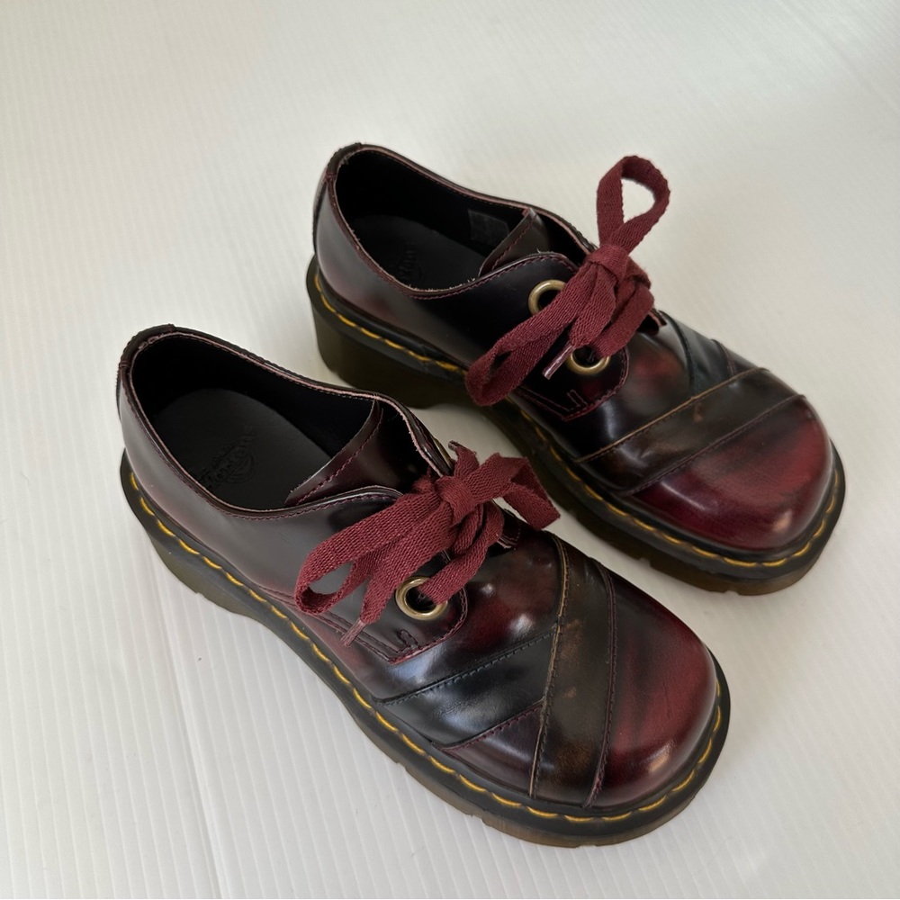 Dr. Martens Burgundy Red Platform Shoes with Yellow Stitching - Picture 3 of 15